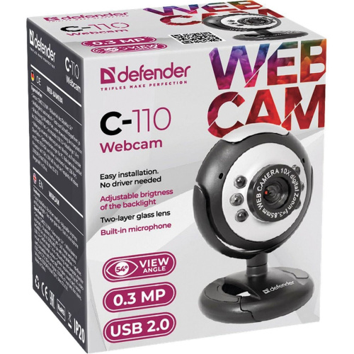 Веб-камера DEFENDER, 0,3 Мп, микрофон, USB 2.0/1.1+3.5 мм jack, подсветка, черная фото 3