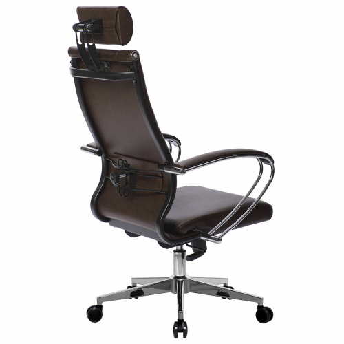 Кресло офисное МЕТТА "К-33" хром, рецик. кожа, подголовник, темно-коричневое фото 3