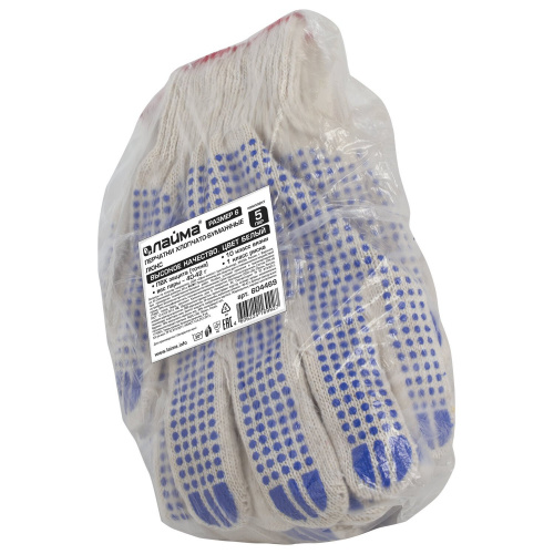 Перчатки хлопчатобумажные LAIMA "ЛЮКС", 5 пар, 10 класс, 40-42 г, 116 текс, белые фото 3