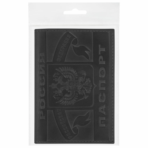 Обложка для паспорта натуральная кожа краст, герб РФ + "ПАСПОРТ РОССИЯ", черная, BRAUBERG фото 5