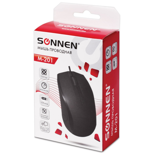 Мышь проводная SONNEN М-201, USB, 1000 dpi, 2 кнопки + колесо-кнопка, оптическая, черная фото 9