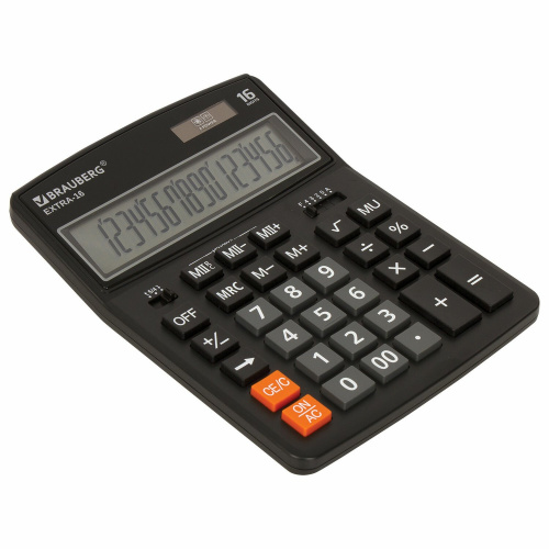 Калькулятор настольный BRAUBERG, 206x155 мм, 16 разрядов, двойное питание, черный фото 2