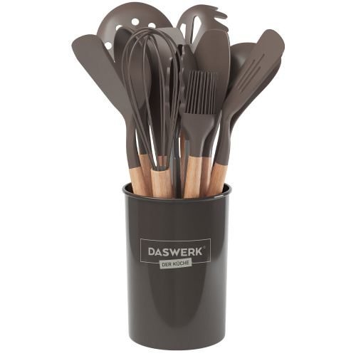 Набор силиконовых кухонных принадлежностей с деревянными ручками 12 в 1, серо-коричневый, DASWERK, 608195 фото 9