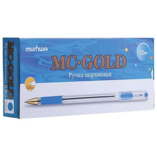 Ручка шариковая масляная с грипом MUNHWA "MC Gold", синяя, корпус прозрачный, линия письма 0,3 мм фото 5