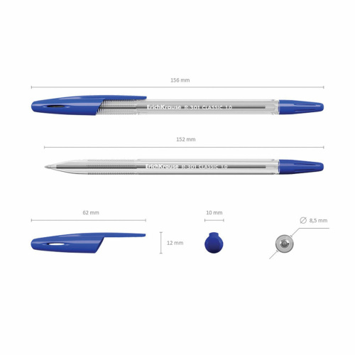 Ручка шариковая ERICH KRAUSE "R-301 Classic", корпус прозрачный, линия письма 0,5 мм, синяя фото 6