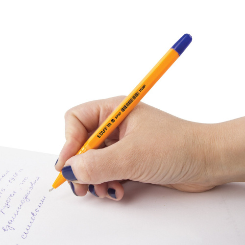 Ручка шариковая STAFF "EVERYDAY", шестигранная, корпус оранжевый, линия письма 0,5 мм, синяя фото 3