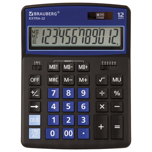 Калькулятор настольный BRAUBERG, 206x155 мм, 12 разрядов, двойное питание, черно-синий