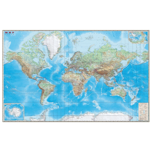 Карта настенная DMB "Мир. Обзорная карта. Физическая с границами", М-1:15 млн., 192х140 см, ламинир