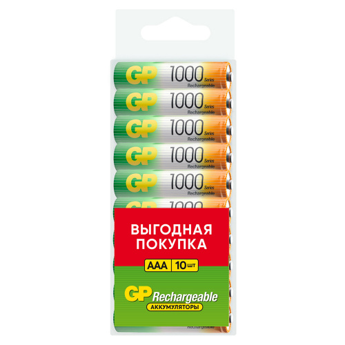 Батарейки аккумуляторные GP, AAA (HR03), Ni-Mh, 930 mAh, 10 шт, пластиковый бокс, 100AAAHC-CRB10 фото 2