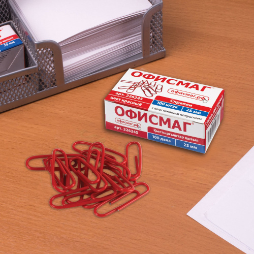 Скрепки ОФИСМАГ, 25 мм, 100 шт., в картонной коробке, красные фото 4