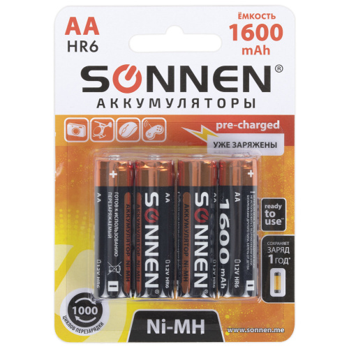Батарейки аккумуляторные Ni-Mh пальчиковые КОМПЛЕКТ 4 шт., АА (HR6) 1600 mAh, SONNEN, 455605 фото 6