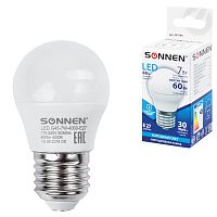 Лампа светодиодная SONNEN, 7 (60) Вт, цоколь E27, шар, холодный белый свет, 30000 ч