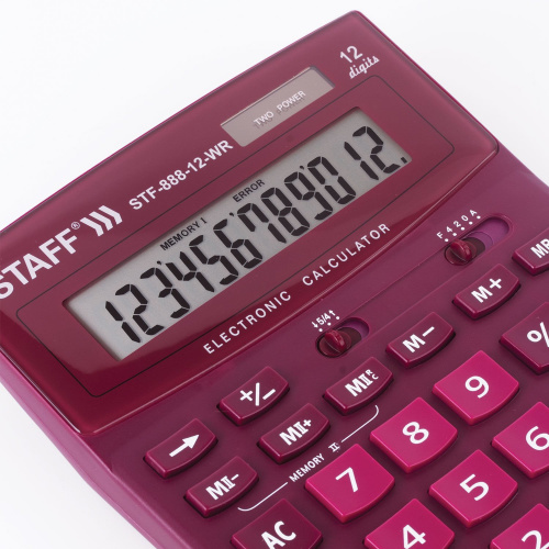 Калькулятор настольный STAFF, 200х150 мм, 12 разрядов, двойное питание, бордовый фото 6