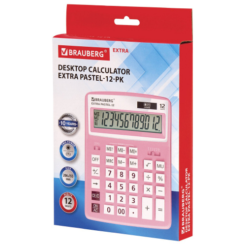 Калькулятор настольный BRAUBERG, 206x155 мм, 12 разрядов, двойное питание, розовый фото 8