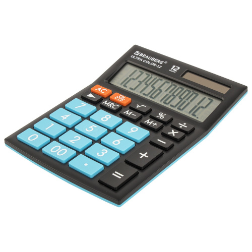 Калькулятор настольный BRAUBERG, 192x143 мм, 12 разрядов, двойное питание, черно-голубой фото 10