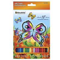Карандаши цветные BRAUBERG "Wonderful butterfly", 18 цветов, заточенные, картонная упаковка