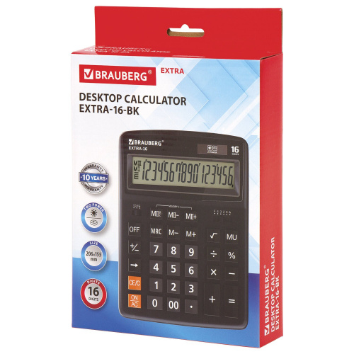 Калькулятор настольный BRAUBERG, 206x155 мм, 16 разрядов, двойное питание, черный фото 9