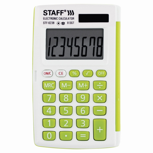 Калькулятор карманный STAFF, 104х63 мм, 8 разядов, двойное питание, белый с зелеными кнопки