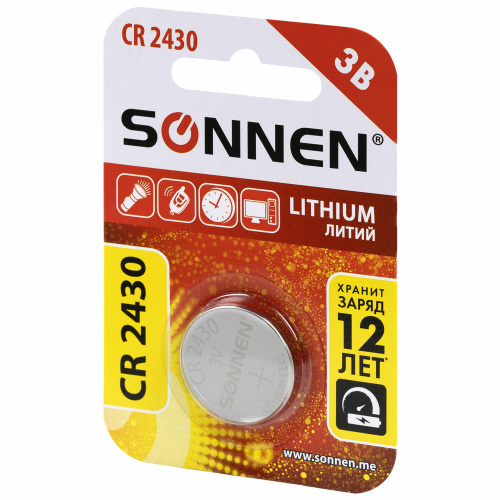 Батарейка литиевая CR2430 1 шт. "таблетка, дисковая, кнопочная" SONNEN Lithium, в блистере, 455600 фото 8