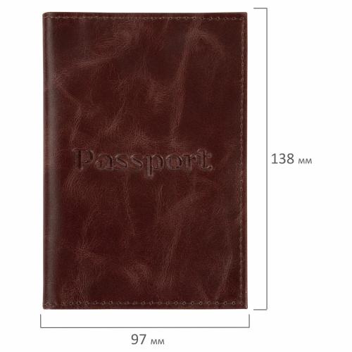 Обложка для паспорта натуральная кожа пулап, "Passport", кожаные карманы, коричневая, BRAUBERG фото 6