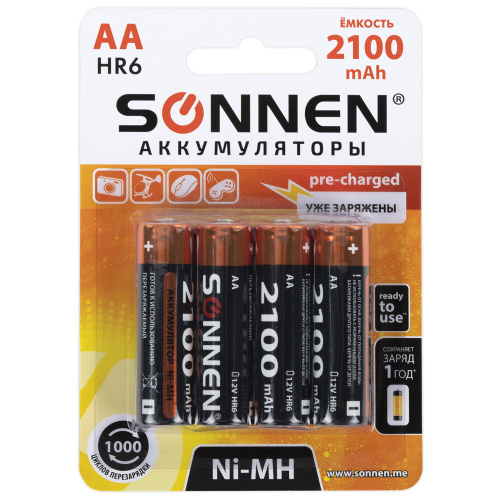 Батарейки аккумуляторные Ni-Mh пальчиковые КОМПЛЕКТ 4 шт., АА (HR6) 2100 mAh, SONNEN, 455606 фото 6