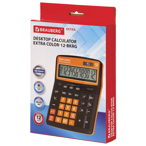 Калькулятор настольный BRAUBERG, 206x155 мм, 12 разрядов, двойное питание, черно-оранжевый фото 5