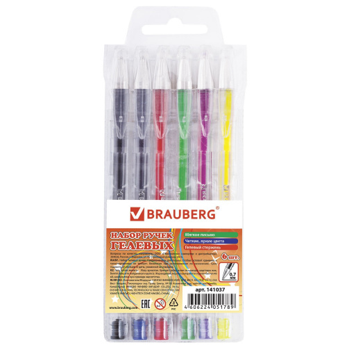 Ручки гелевые BRAUBERG "Jet", 6 цветов, узел 0,7 мм, линия письма 0,5 мм