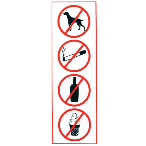 Знак ФОЛИАНТ "Запрещение: курить, пить, есть, прохода с животными", прямоугольник, 300х100 мм
