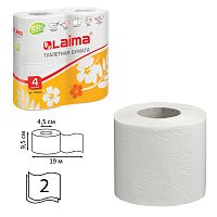 Бумага туалетная бытовая LAIMA, спайка, 4 шт., 2-х слойная, 4х19 м, белая