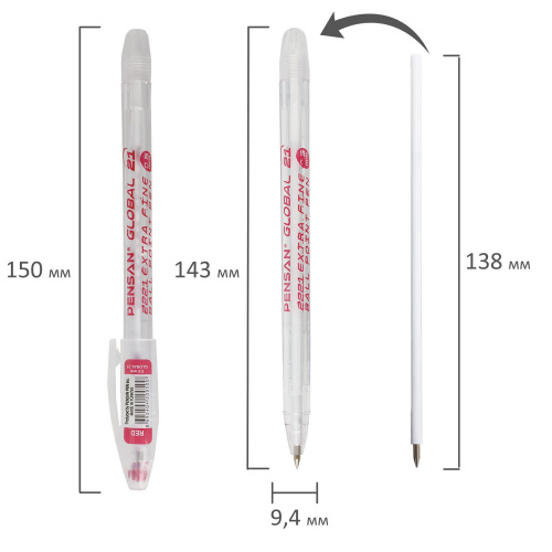 Ручка шариковая масляная PENSAN "Global-21", корпус прозрачный, линия письма 0,3 мм, красная фото 7