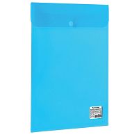 Папка-конверт с кнопкой BRAUBERG, вертикальная, А4, до 100 листов, прозрачная, синяя