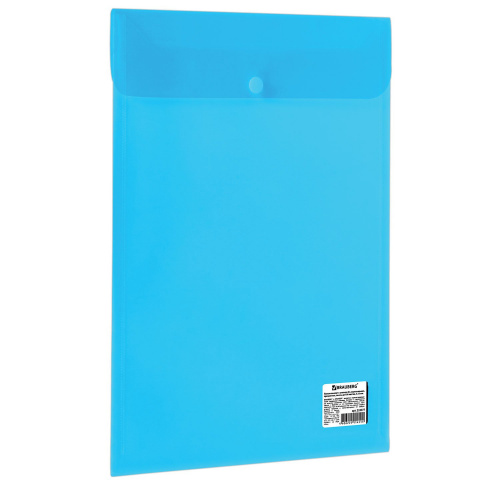 Папка-конверт с кнопкой BRAUBERG, вертикальная, А4, до 100 листов, прозрачная, синяя