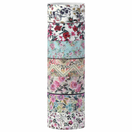 Клейкие WASHI-ленты для декора ОСТРОВ СОКРОВИЩ, 15 мм х 3 м, 7 цветов, рисовая бумага, цветоч. микс