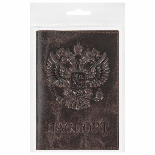 Обложка для паспорта натуральная кожа пулап BRAUBERG, 3D герб + тиснение "ПАСПОРТ", темно-коричневая фото 10