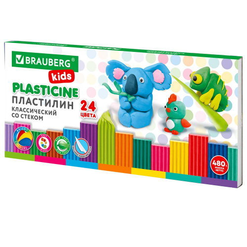 Пластилин классический BRAUBERG KIDS, 24 цвета, 480 грамм, стек