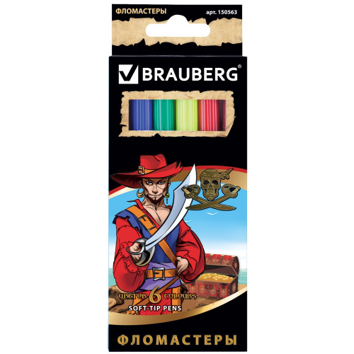 Фломастеры BRAUBERG "Корсары", 6 цв., вентилируемый колпачок, картонная упаковка