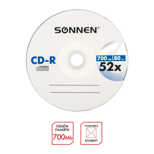 Диск CD-R SONNEN, 700 Mb, 52x, бумажный конверт фото 2