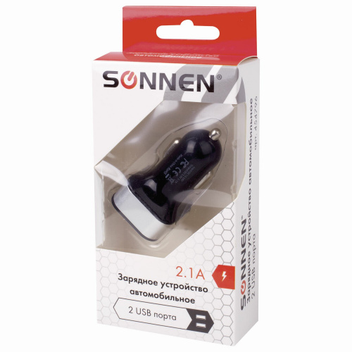 Зарядное устройство автомобильное SONNEN, 2 порта USB, выходной ток 2,1 А, черное-белое, 454796 фото 2