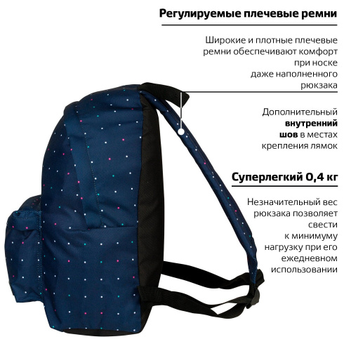 Рюкзак BRAUBERG "Полночь", 20 литров, 41х32х14 см, универсальный, сити-формат, темно-синий фото 4