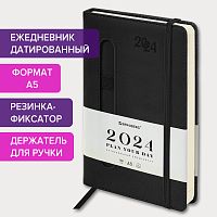 Ежедневник датированный 2024 А5 138x213 мм BRAUBERG "Optimal", под кожу, резинка-фиксатор, держатель для ручки, черный, 114973