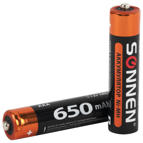 Батарейки аккумуляторные Ni-Mh мизинчиковые КОМПЛЕКТ 4 шт., AAA (HR03) 650 mAh, SONNEN, 455609 фото 6