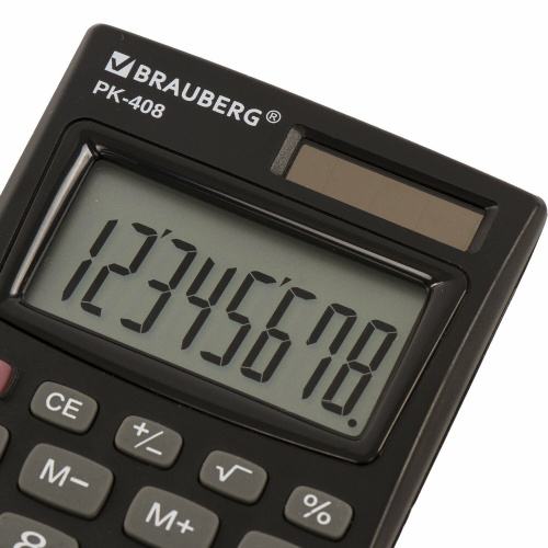 Калькулятор карманный BRAUBERG, 97x56 мм, 8 разрядов, двойное питание, черный фото 2