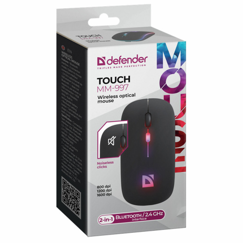 Мышь беспроводная DEFENDER TOUCH MM-997, USB, 3 кнопки+1 колесо-кнопка, оптическая, черная, 52997 фото 3