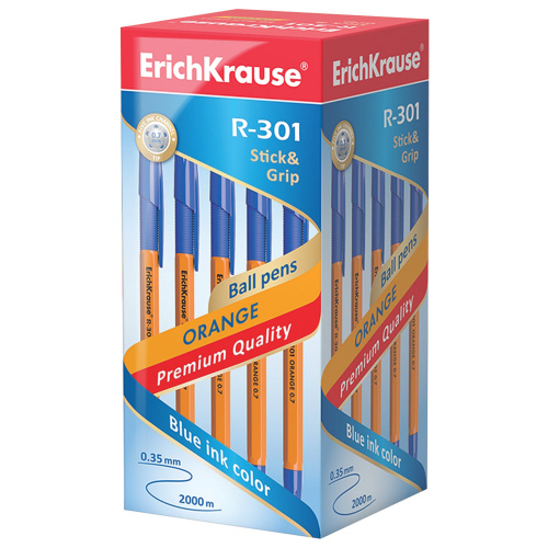 Ручка шариковая с грипом ERICH KRAUSE "R-301 Grip", СИНЯЯ, оранжевый, узел 0,7 мм, линия 0,35 мм фото 2