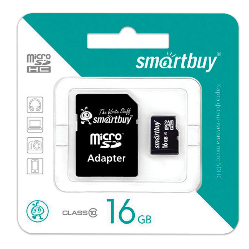 Карта памяти SMARTBUY, microSDHC, 16 GB, 10 Мб/сек., с адаптером фото 2