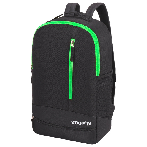 Рюкзак STAFF STRIKE, 45х27х12 см, универсальный, 3 кармана, черный с салатовыми деталями