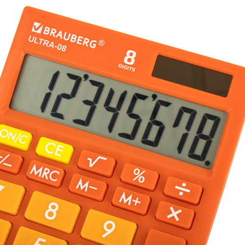 Калькулятор настольный BRAUBERG, 154x115 мм, 8 разрядов, двойное питание, оранжевый фото 6