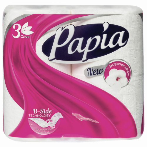 Бумага туалетная PAPIA, бытовая, спайка 4 шт., 3-слойная (4 х 16,8 м), белая фото 3