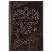 Обложка для паспорта натуральная кожа пулап BRAUBERG, 3D герб + тиснение "ПАСПОРТ", темно-коричневая