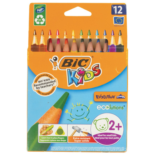 Карандаши цветные утолщенные BIC "Kids Evolution Triangle", 12 цветов, пластиковые, трехгранные